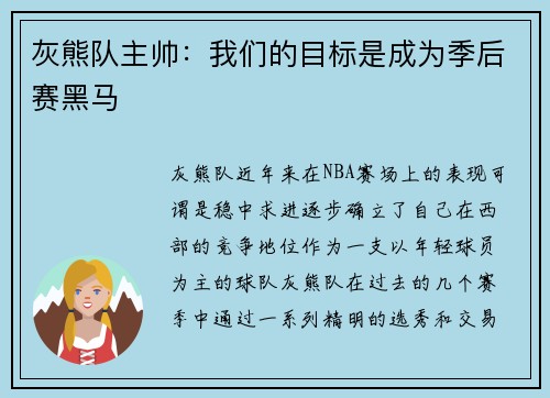 灰熊队主帅：我们的目标是成为季后赛黑马